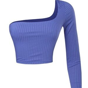 One-Shoulder Blue Ribbed Top